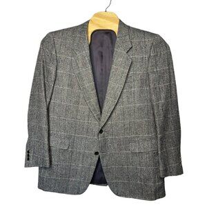 Vintage Bruce Hunt 46R Grey SILK Wool Windowpane Plaid Blazer Sports Coat